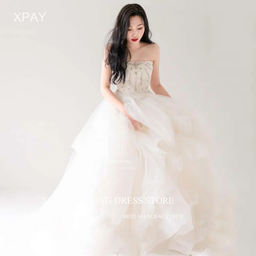 XPAY Elegant Strapless Korea Wedding Dresses Lace Beading Photo Shoot Bridal Gown Backless Draped Custom Fairy Tulle Bride Dress