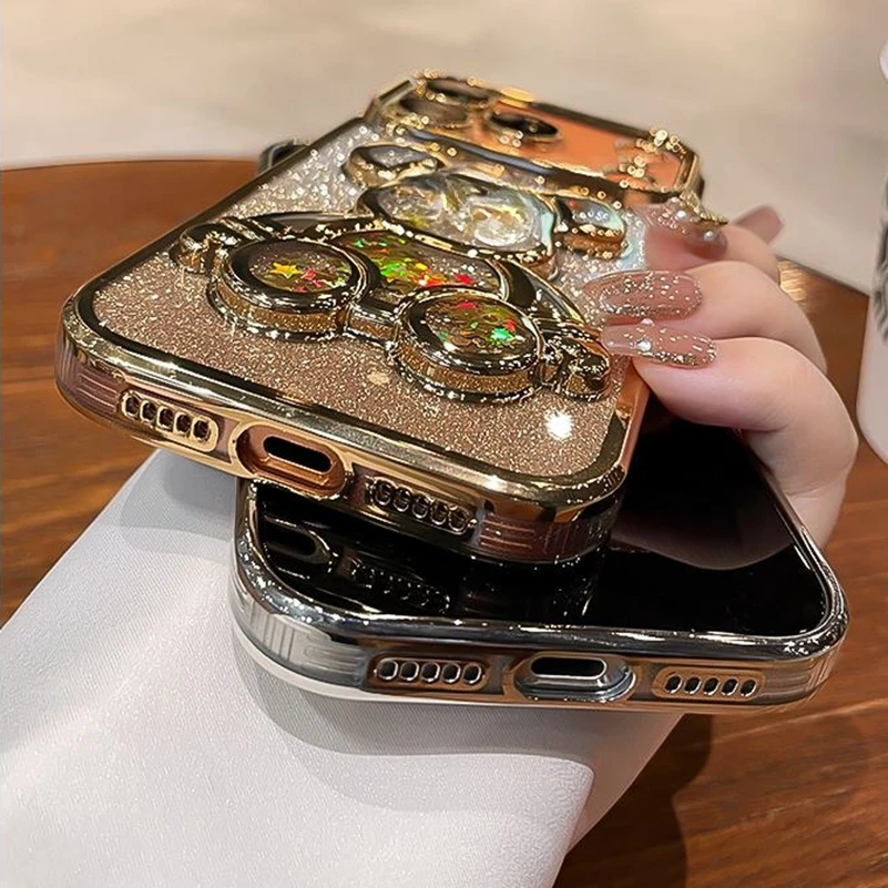 Luxury Quicksand Bear Glitter Case with Gradient Rhinestone Plating