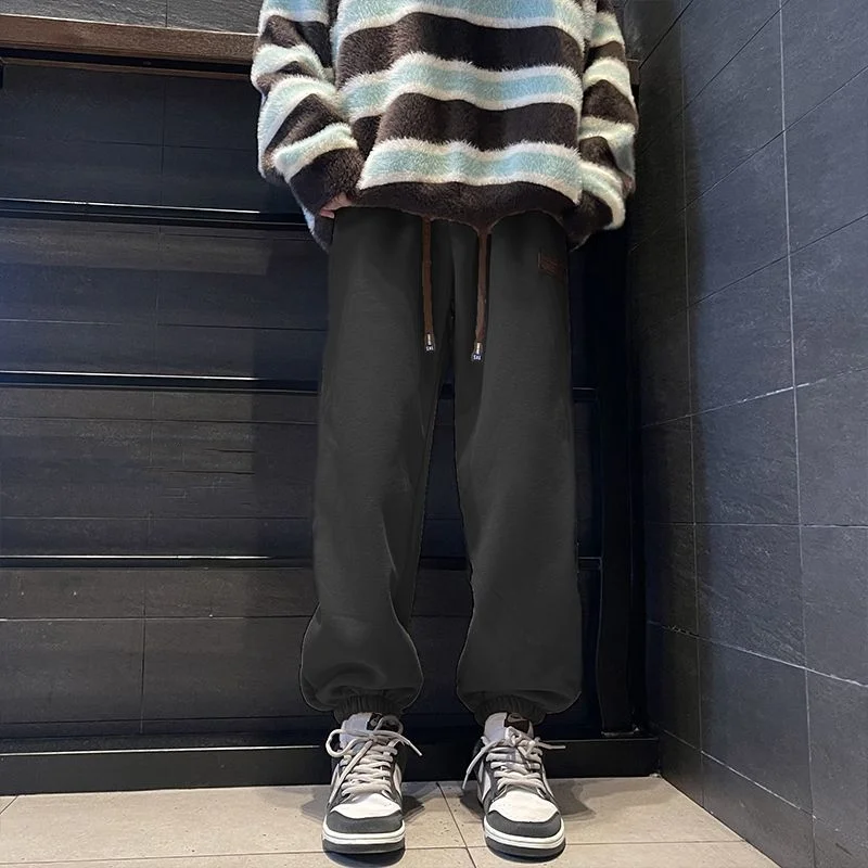 Men\'s Clothing Simplicity Versatile Autumn and Winter New Fashion Drawstring Splice Pockets Solid Color Mid Waist Casual Pants