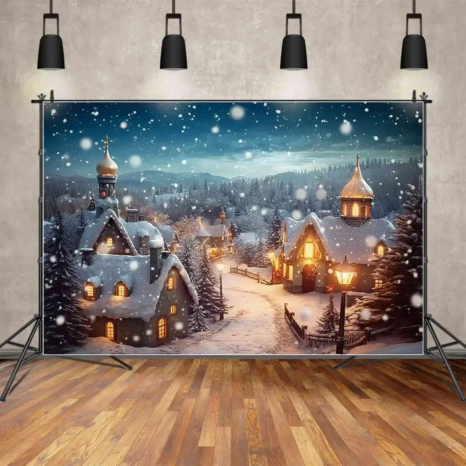 Qg-decorações de Inverno Snow Mountain Town Backdrop Natal Village Decor Photo Studio Fundo Férias Fotografia Prop Lua. - Image 6