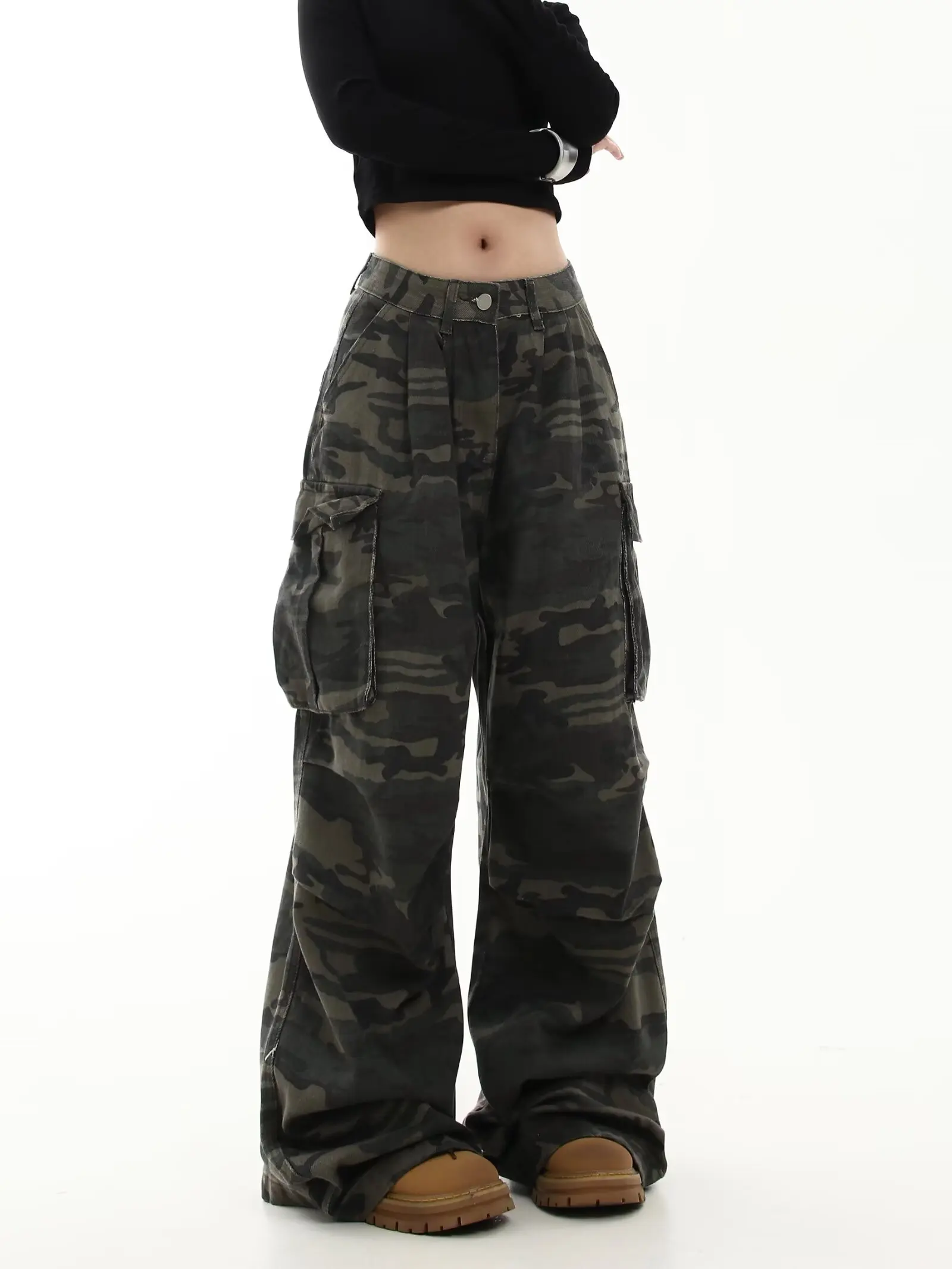 Camouflage Cargo Pants Women Y2K Streetwear Low Rise Jeans Retro Wide Leg Trousers Denim Straight Trousers Harajuku 6