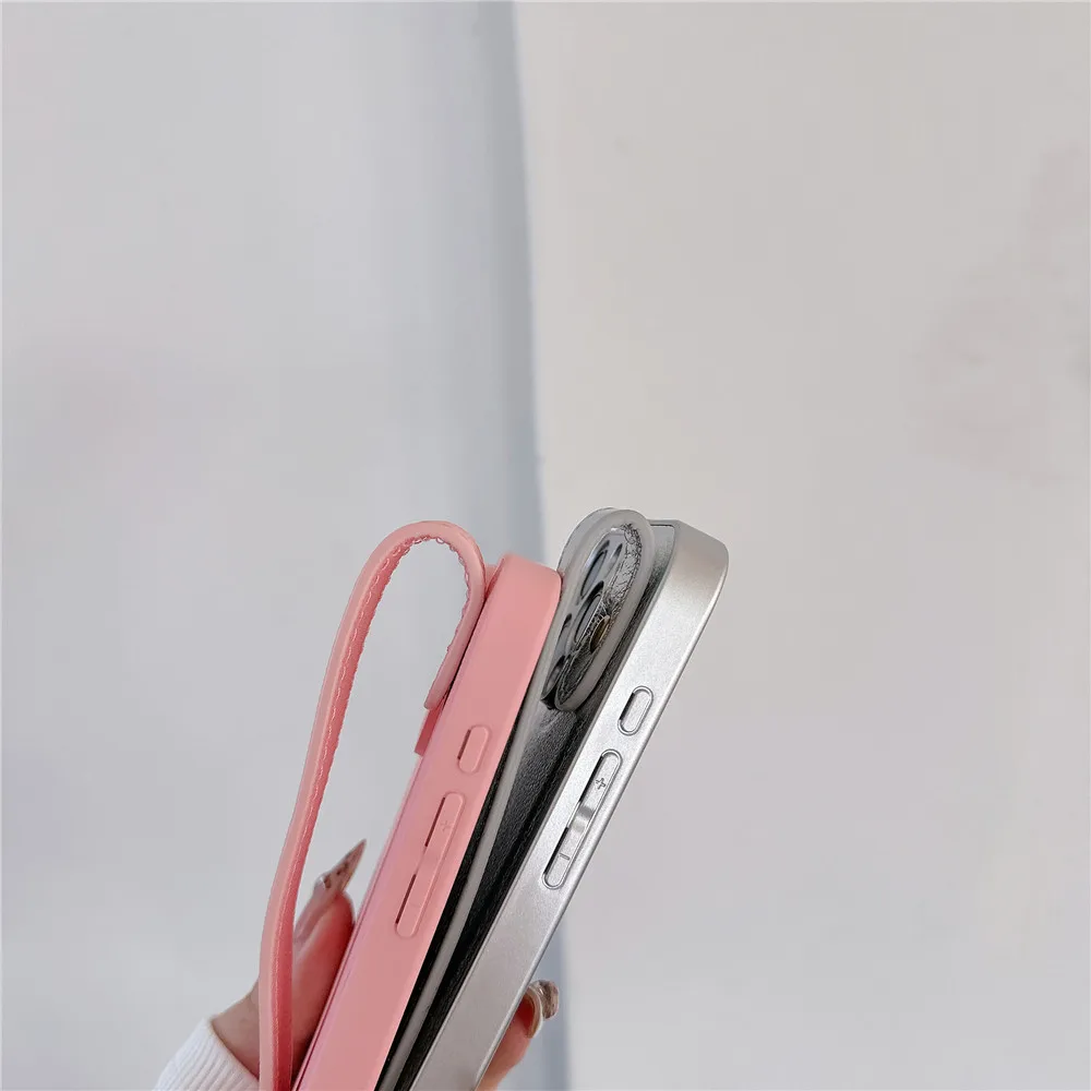 Leather Wrist Strap Bracket Holder Case with Hand Band Stand and Silicone Candy Cover