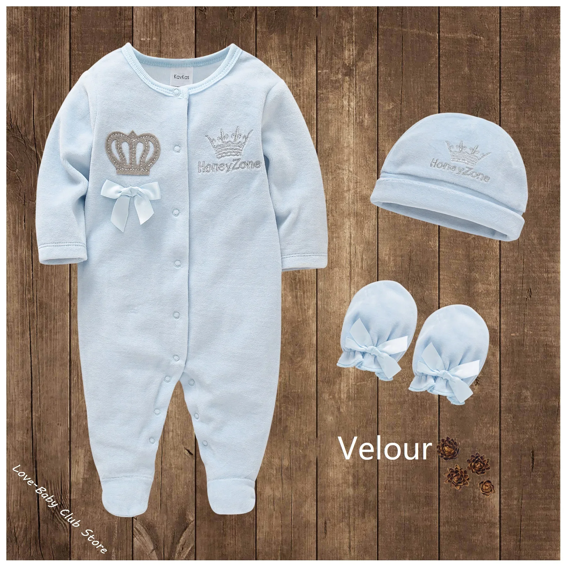 

Baby Boy Girl Romper Royal Crown Clothing Set Cap Mitts Newborn Prince Princess One-Pieces Footies Sleepsuit Pajamas Velour