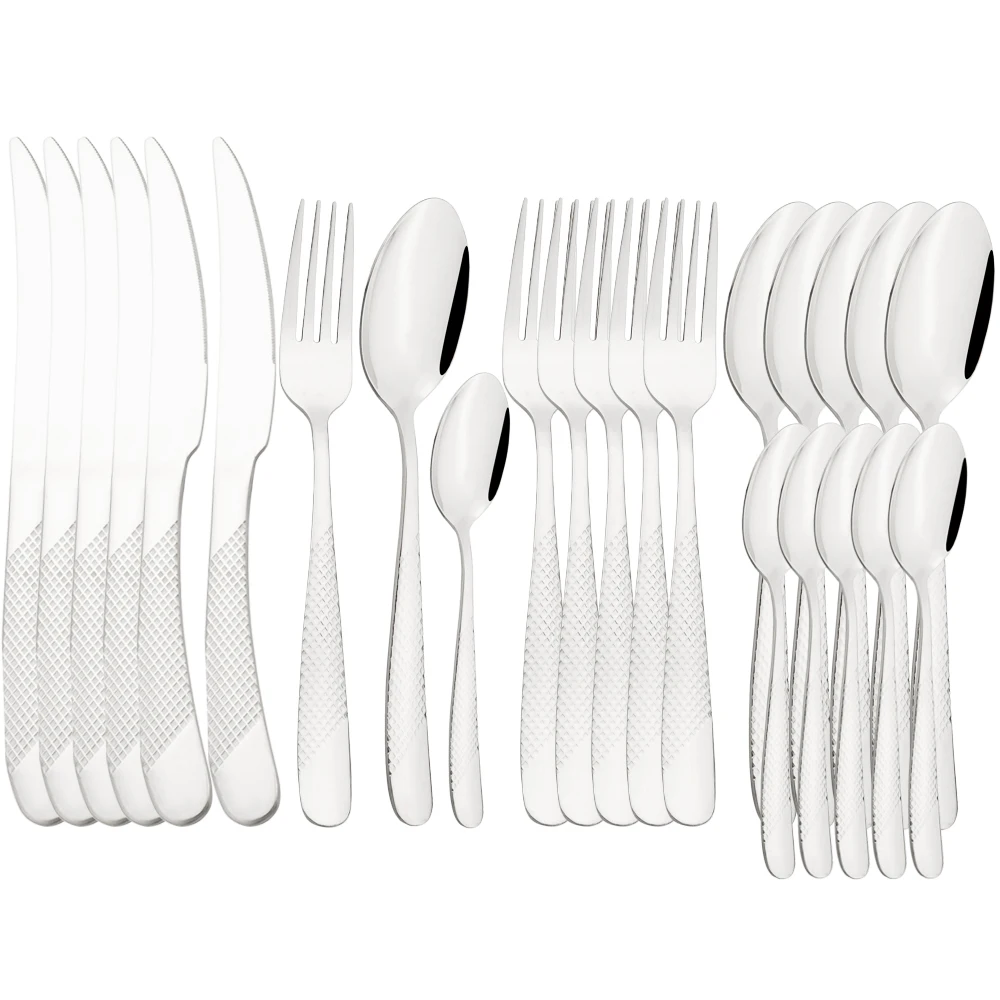 

Luxury Stainless Steel Tableware Set 24Pcs Dinnerware Cutlery Set Silver Dinner Knife Fork Spoon Dishwasher Safe Silverware Gift