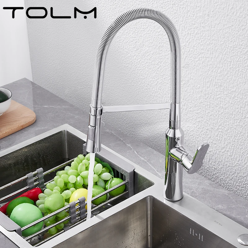 TOLM Chrome Kitchen Faucets With Pull Out Sprayer Matte Black Kitchen Sink Water Tap With Deck Plate Single Hole Single Handle