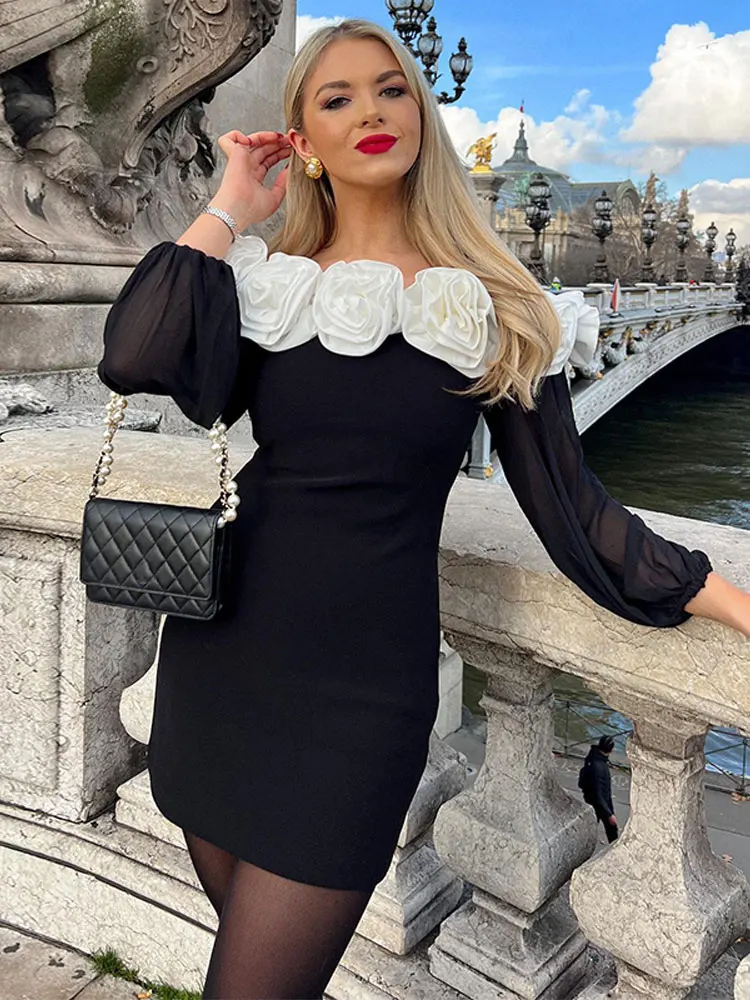 

Women Elegant 3d Flower Collar Mini Dresses Fashion Long Sleeve Slash Neck Bodycon Vestidos Female Banquet Party Evening Robe