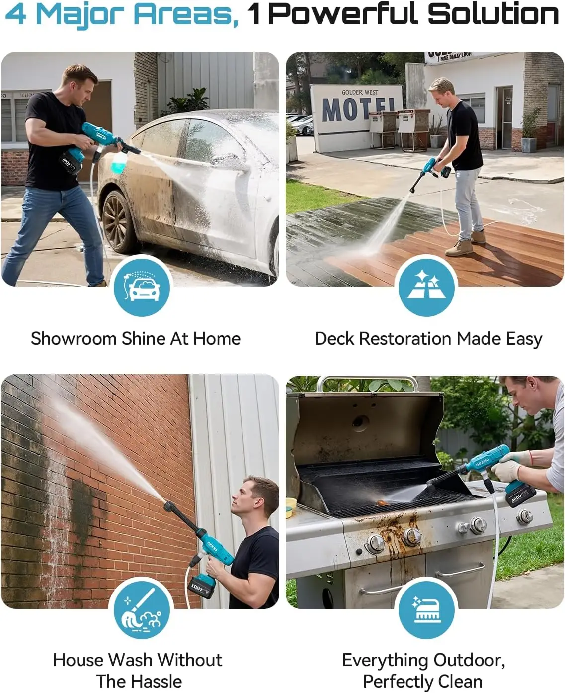 SEESII Electric High Pressure Washer Gun with 6-in-1 Nozzle & 27FT Hose 6 Gear Power Home Car Washing Water Spray Gun Handheld Power Cleaner for Makita 18V Battery Pin