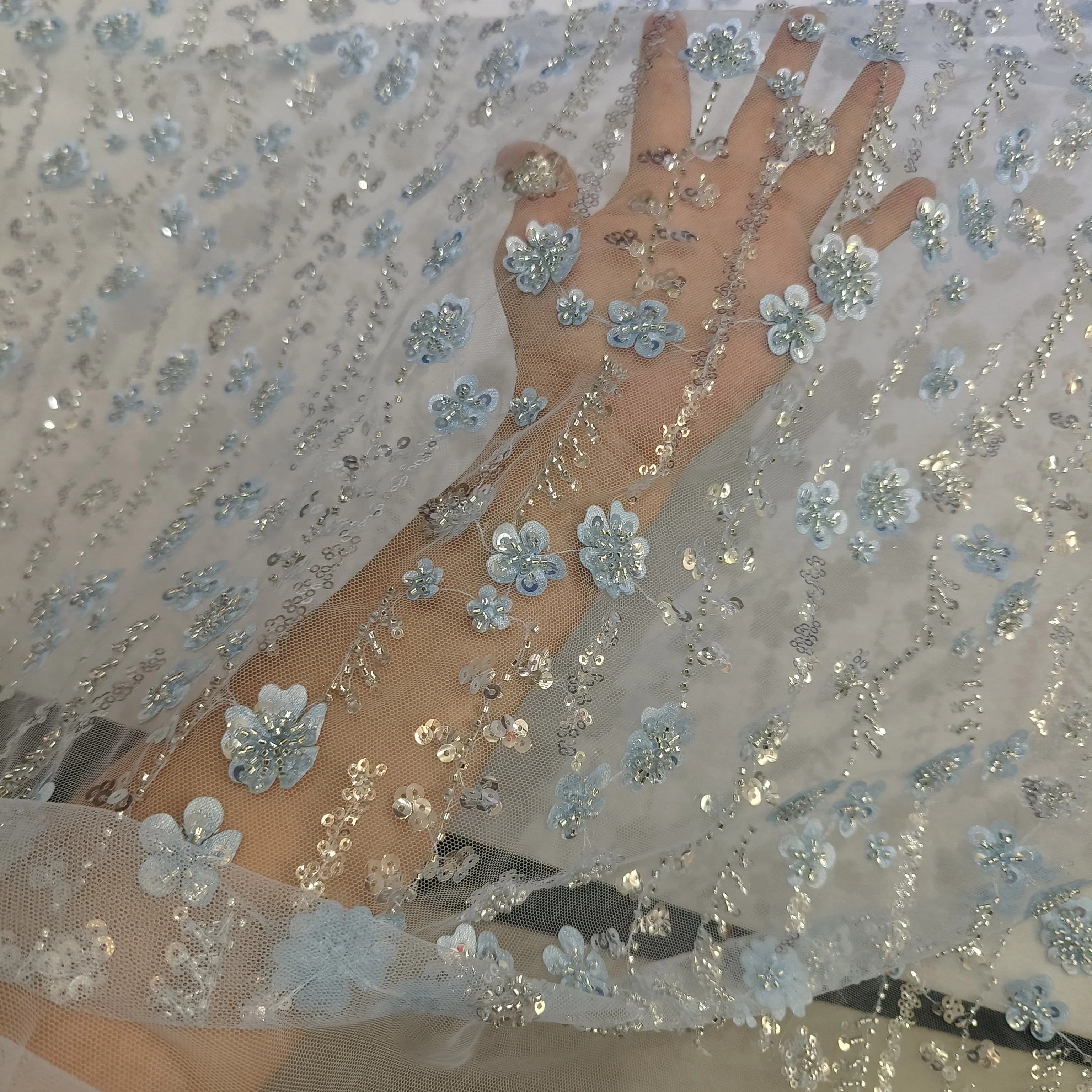 3D Flower Embroidery Sequin Beading Lace Fabric for Evening Dress