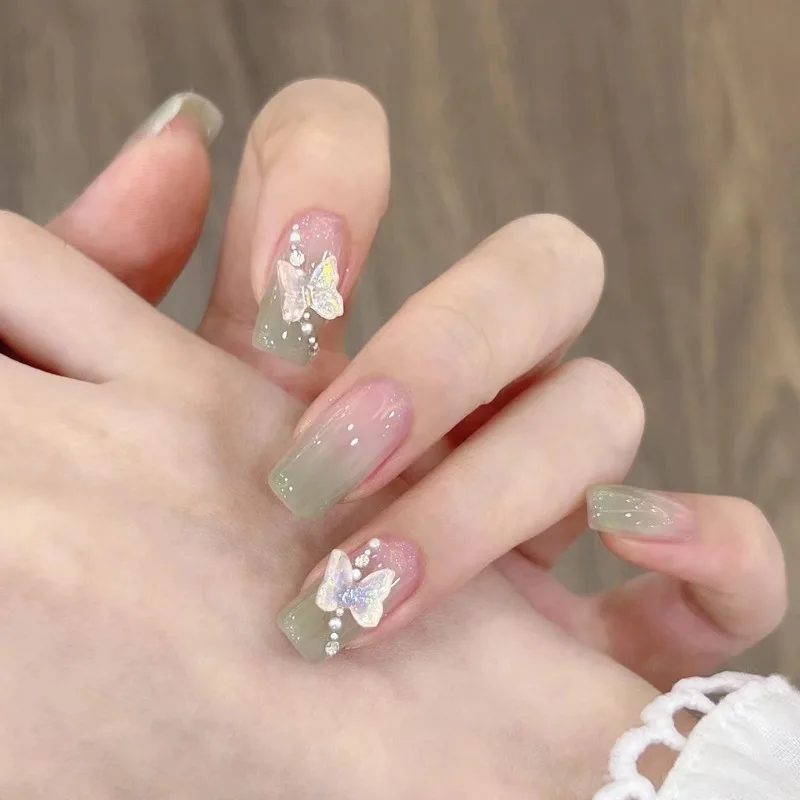 

10Pcs /Set False Nails Full Cover Fake Nail Press on Nails Diy Handmade Patch Removable Fresh Green Gradient