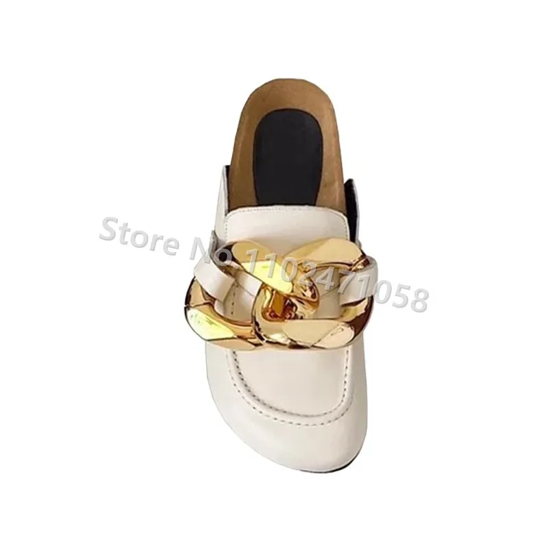 Metal Chain Decor Women Party Dress Slippers Fashion Round Toe Slingback Outside Wear Female Flats Slip-On Shallow Ladies Mules