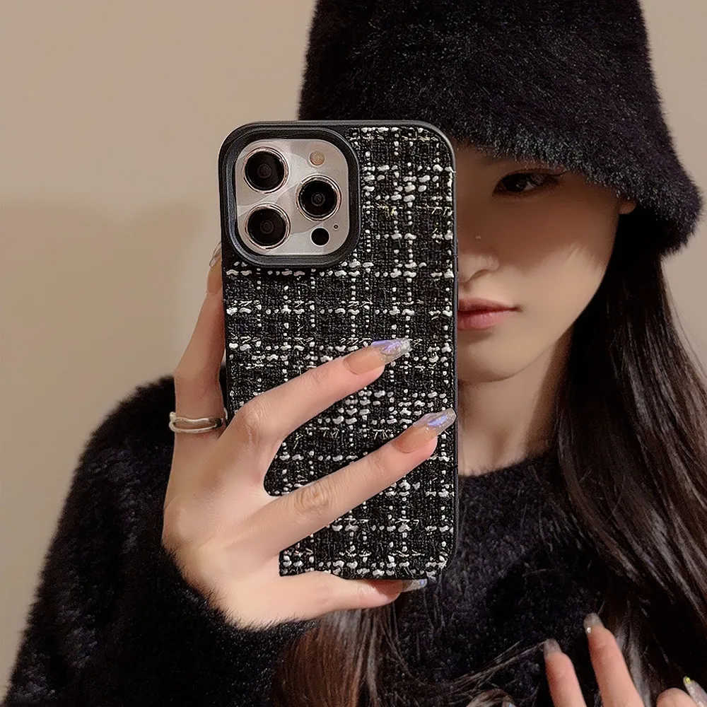 Luxury Woven Pattern Cloth Phone Case For iPhone16 15 14 13 12 11 Pro Max Plus Soft Shockproof Bumper Cases Cover