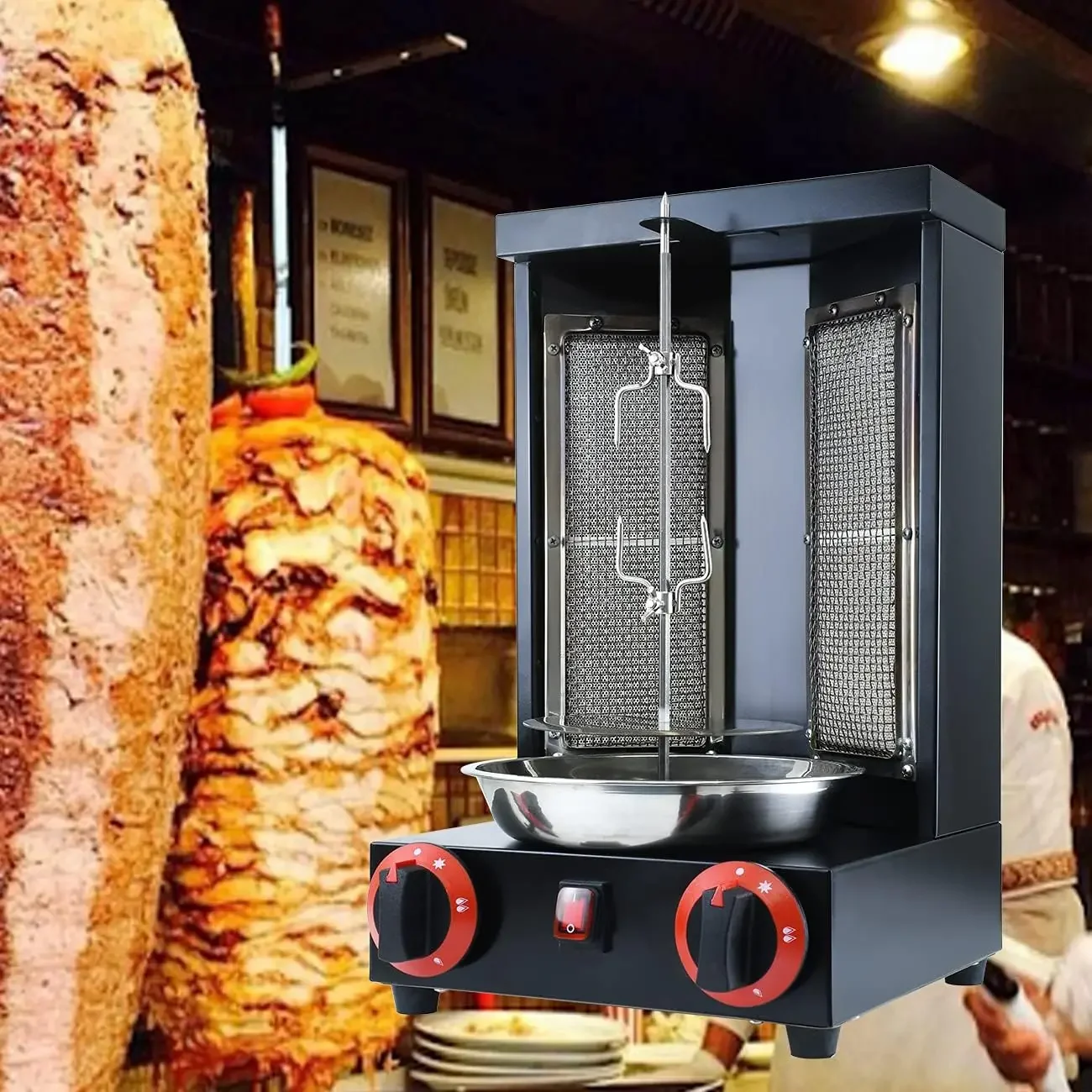 Shawarma Machine Countertop Rotisserie Grill Kebab Vertical Rotisserie Propane Turkish Chicken Doner Kebab Broiler wih 2 Burners 6