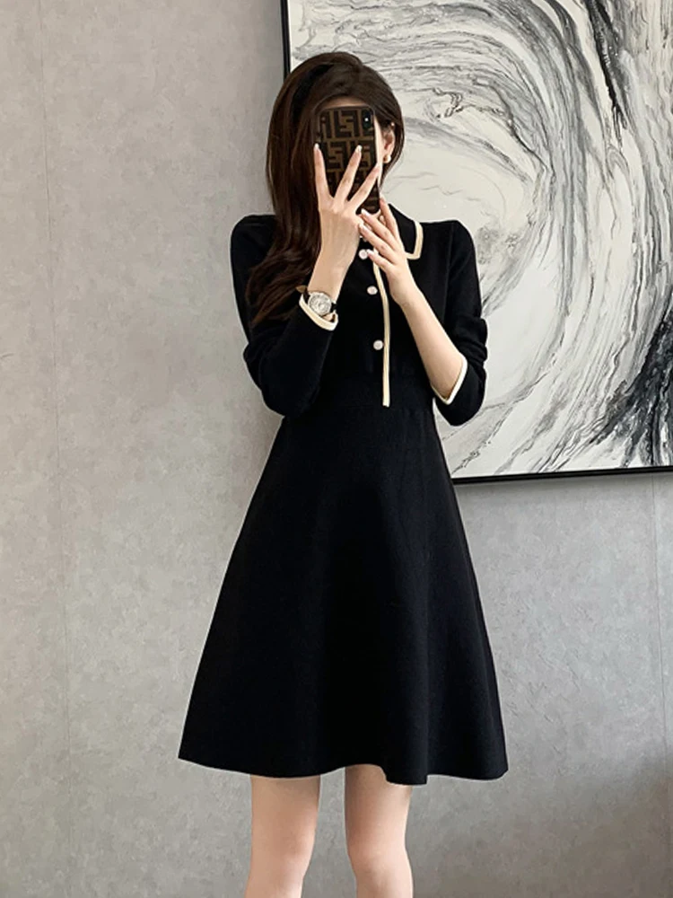 2023 new autumn and winter golf high-waisted knitted dress slim lapel long-sleeved skirt