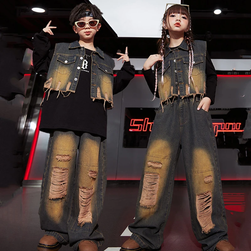 

Детский костюм для джазовых танцев, джинсовый жилет свободного покроя, штаны в стиле хип-хоп, уличная одежда для девочек и мальчиков, современная танцевальная одежда в стиле хип-хоп, DQS14274, 2023