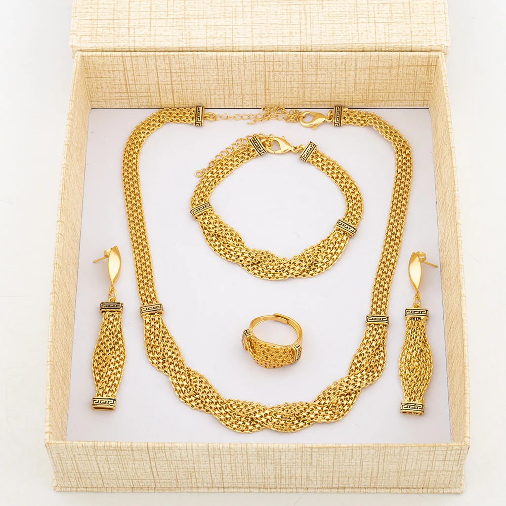 

YM Necklace Set with Gift Box Copper Dangle Earring for Women Wedding Bride Gold Color Chain Bracelet Ring Party Jewelry Sets