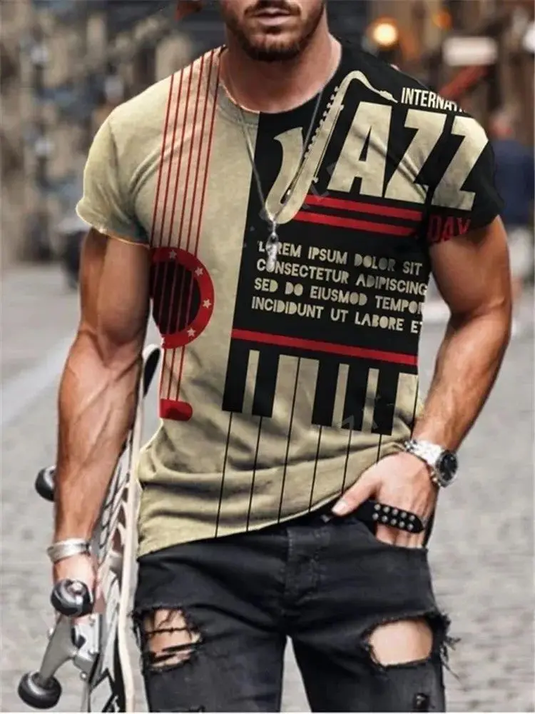 

New Men Summer Retro Ethnic Fashion Music 3d Printed O Collar Short Sleeve Breathable T-Shirt Personality Trend Plus Size Top