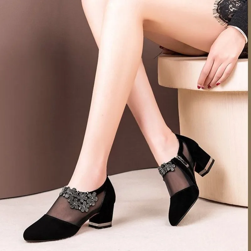 

Spring Summer Black Block Heels for Women Lace Pumps Zip Pointed Toe Thick Heels Fashion Female Dress Plus Size Elegant Footwear