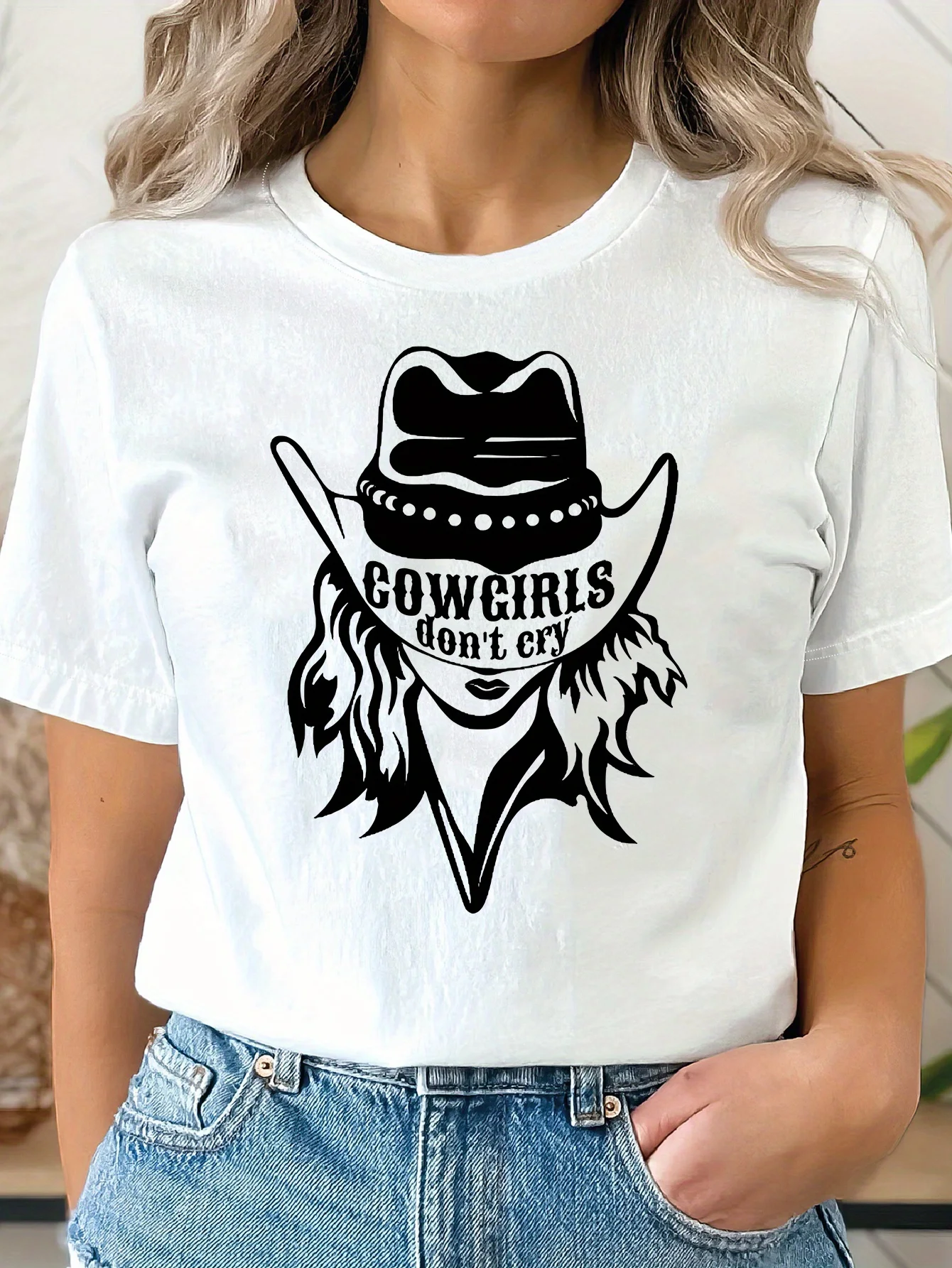 

Cowgirls Print Crew Neck T-Shirt, Casual Short Sleeve Top For Spring & Summer, Women's Clothing