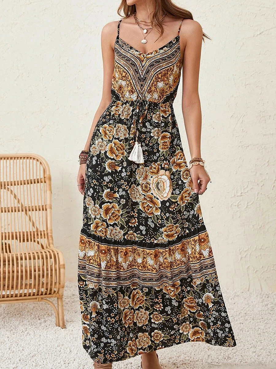 

2023 Summer Women Sexy Spaghetti Strap Holiday Floral Print Bohemian Dresses Beach Sundress Elegant Sling Party Dresses