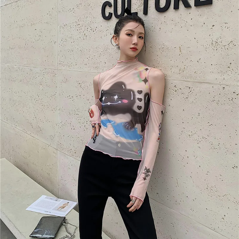 

Summer Ladies Tight-fitting Printed Slim Hollow T-shirt Women's Top Women's Fashion Net Yarn Half Sleeve Bottoming T-Shirt 2023