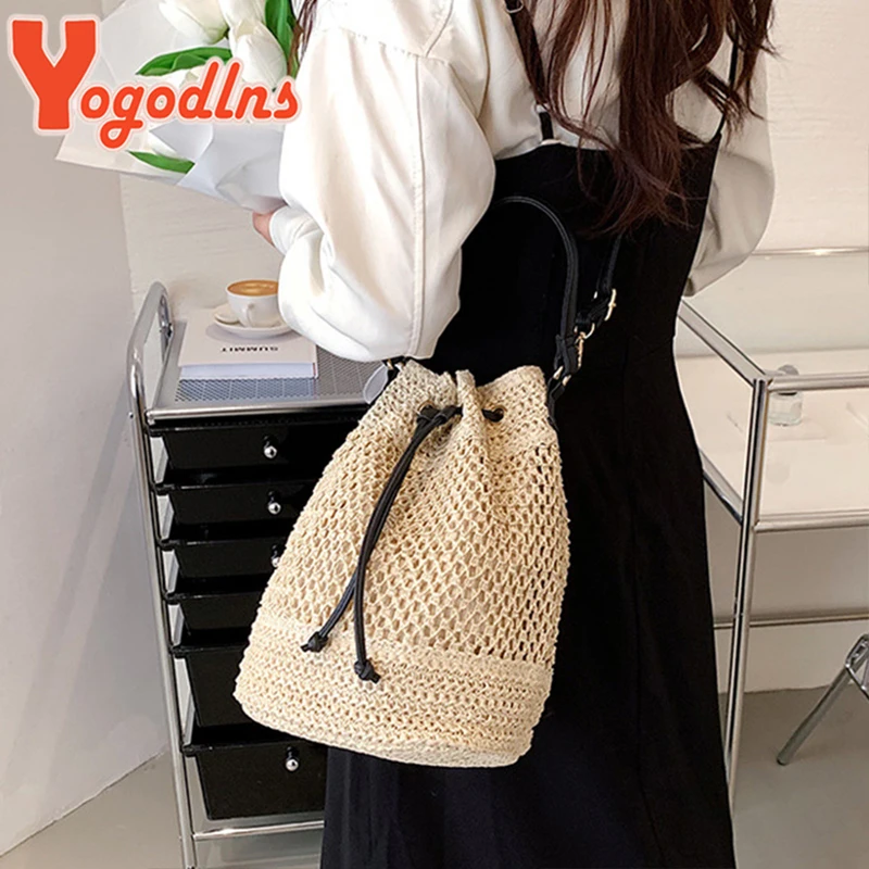 Summer Braided Straw Bucket Bag For Women Simple Drawstring Shoulder Crossbody Bag Travel Beach Bag Casual Wove Handbag