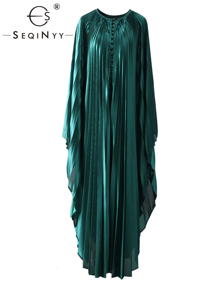 

SEQINYY Elegant Long Pleated Dress Spring Autumn New Fashion Design Women Runway Batwing Sleeve High Street Buttons Party