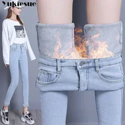Winter Thick Fleece High-waist Warm Skinny Jeans women Thick Women Stretch Button Pencil Pants Mom Casual Velvet women Jeans