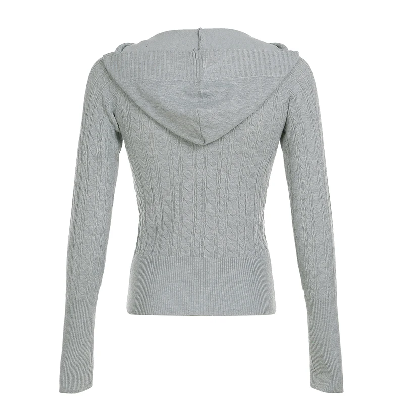 Solid Twist Knit Fitted Sweater Top V Neck with Hooded Women Long Sleeve Pullovers Knitwear Casual Basic Y2K Outfits
