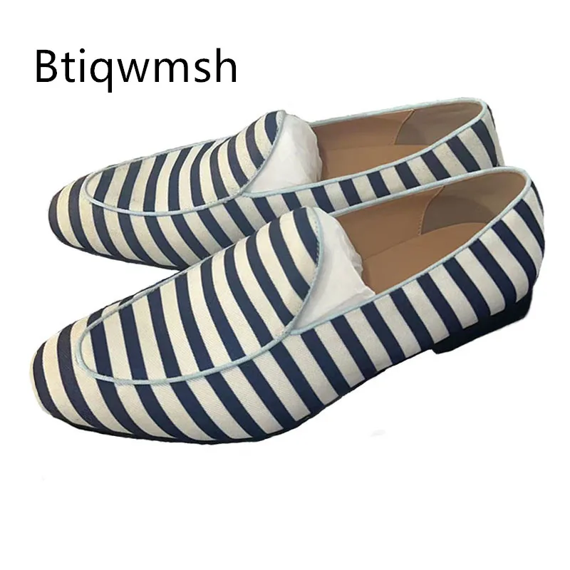 

Blue White Stripe Shoes Man Round Toe Slip On Flats Male Fashion Party Shoes