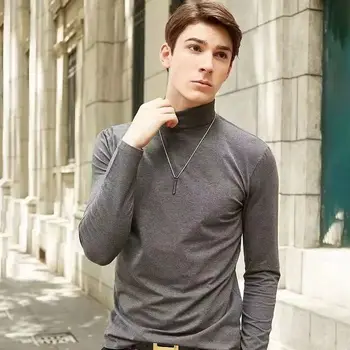 Men's Autumn Winter Long Sleeve Tees Casual Solid Color Thermal T-Shirts with High-necked Korean style clothes Collar T-shirt