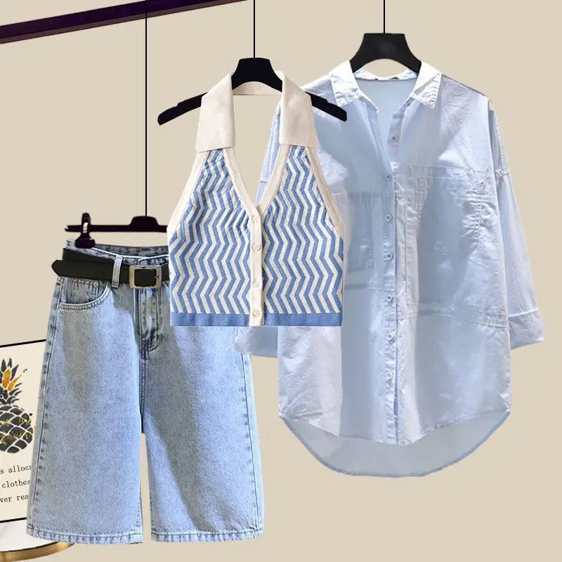 Summer Suit 2024 New Plus Size Women's Fashion Temperament Suspender Shirt with Jeans Three-piece Set