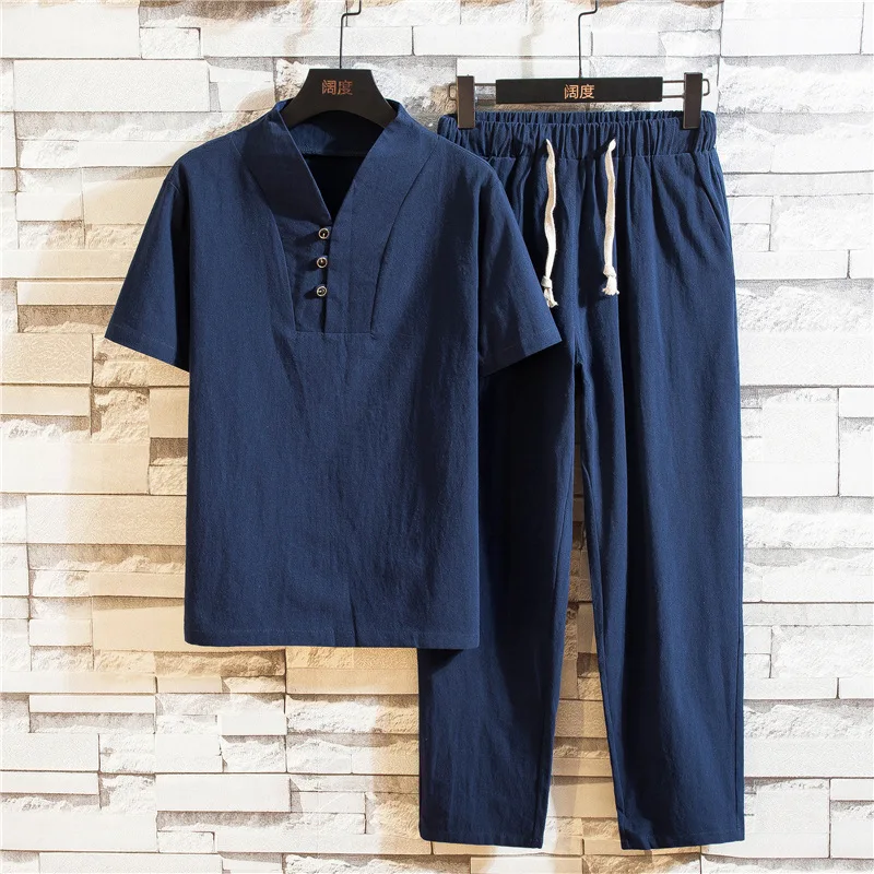 Summer Cotton and Linen Casual Suit V-neck Short-sleeved T-shirt Elastic Waist Tie Trousers Solid Color Suit