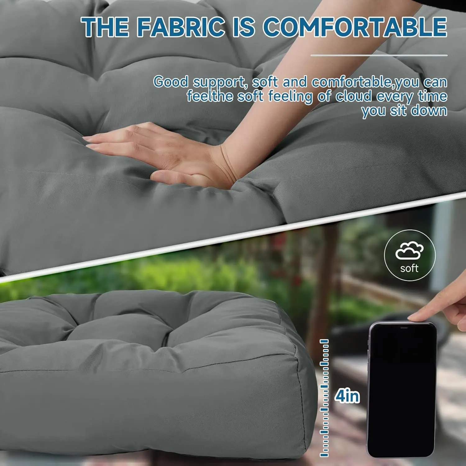 Wicker Chair Cushions Set of 3. Anti-Slip. Waterproof. 5 Inch Extra Thick. Dark Grey. 44x19.