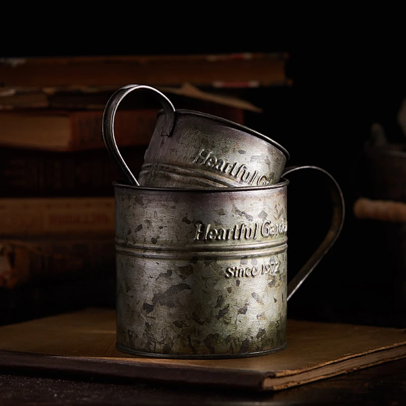 Retro Handle Cup Vase Drinkware Wrought Iron Flower Bucket Vintage English Printing Home Decor Gourmet Photography Props 3
