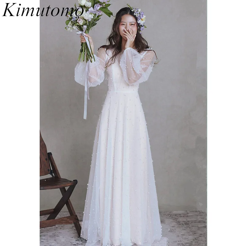 

Kimutomo Pearl Beaded Mesh White Dress for Women Simple Design Fairy Wind Maxi Dresses Vestidos Para Bodas Mujer Invitada