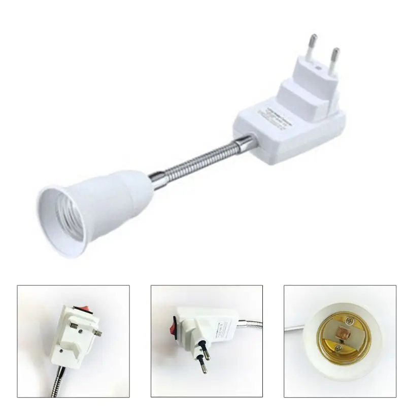 EU Plug E27 Socket Adapter with On/Off Switch to EU Plug Flexible Extension Lamp Bulb Holder Converter Bulb Extension Adapter