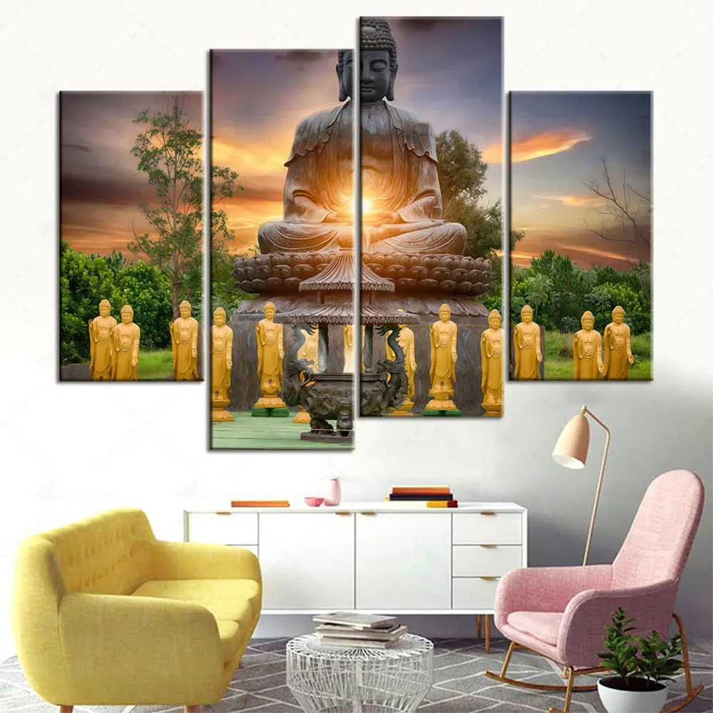 

Artsailing 4 Pieces Art Print Buddha's Light Shines Canvas Painting Photo Frame Living Room Decoration Religion Picture Artwork