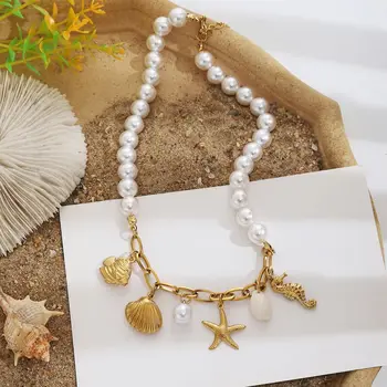 Collana di perle finte da spiaggia estiva per donna Collana con ciondolo stile oceano con conchiglia di stelle marine in acciaio inossidabile Regalo di gioielli ResortWear 1