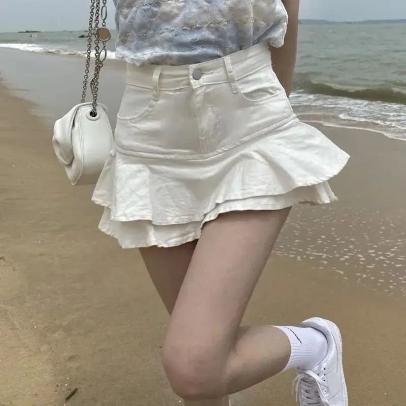 Vintage Denim Mini Skirts Women Summer Sexy Solid Colour Ball Gown Skirts Jeans Female Casual Pocket Slim A-line Mini Skirts