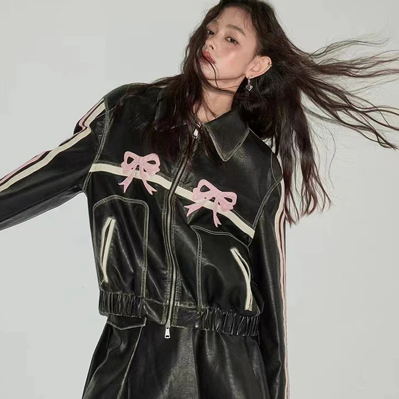 

2024 leather jackets Bow embroidery bomber women racing winter Korean fashion Jacket vintage Outerwear coats Design outwear