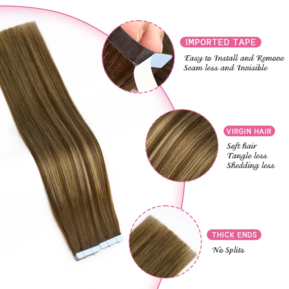 PLADIO Tape in Hair Extensions Human Hair Highlight Seamless Double Side Skin Weft PU Invisible Tape Ins Remy Virgin 14-22"