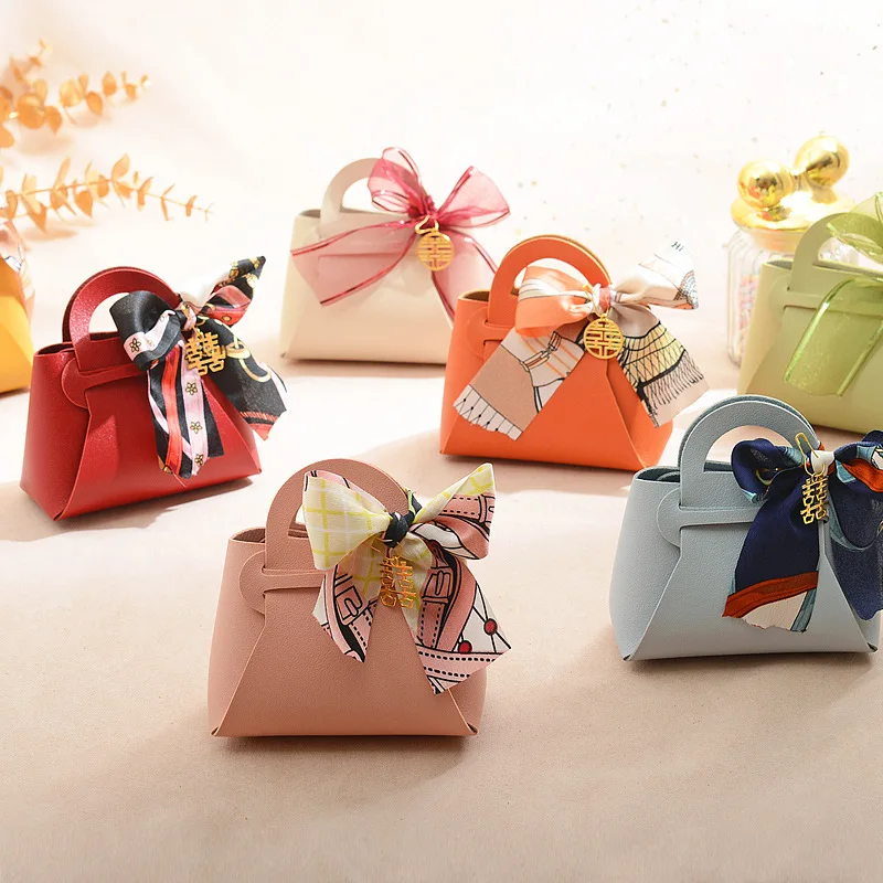 60pcs Leather Gift Bags for Easter Eid Wedding Guest Favour Box Mini Handbag With Ribbon Packaging Box Distributions Party Gifts