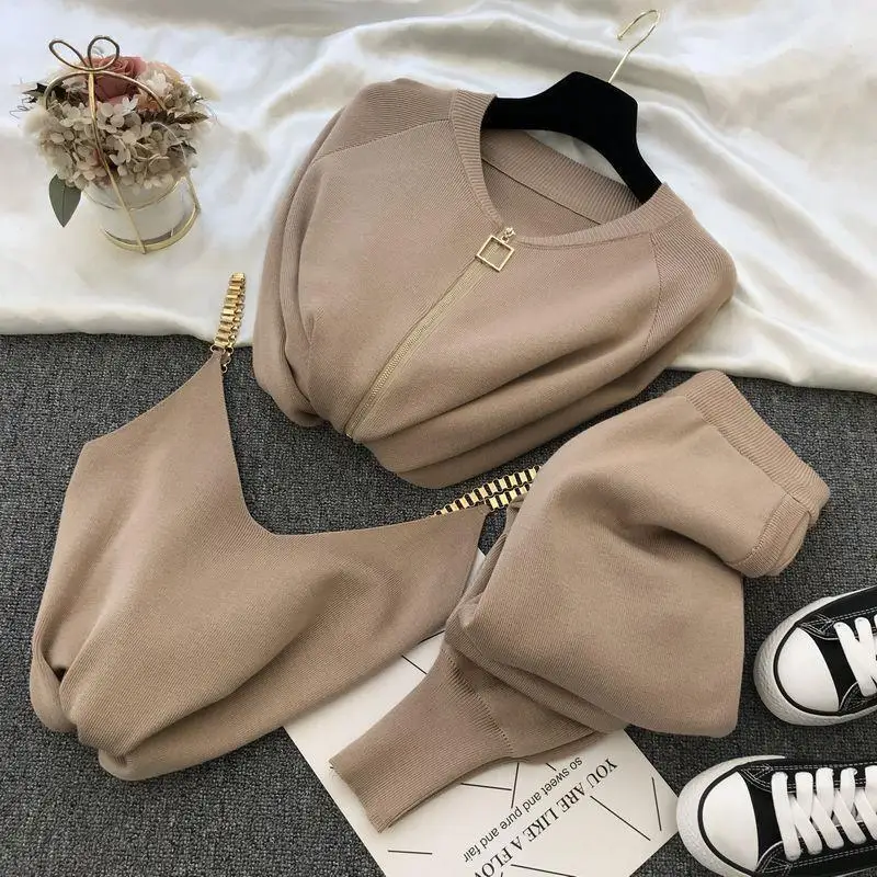 

Woman Fashion O-Neck Pullover Suits Female Soft High Waist Pants Sets Solid Casual Long Sleeve Knit Sweater Two Pieces G678