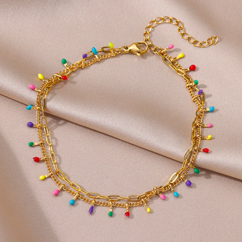 Beads Anklet Ankle Chains Boho Colorful Bead Stone Anklets For Women Gold Color Stainless Steel Anklet Luxury Wedding Aesthetic Jewelry Vacation Gift