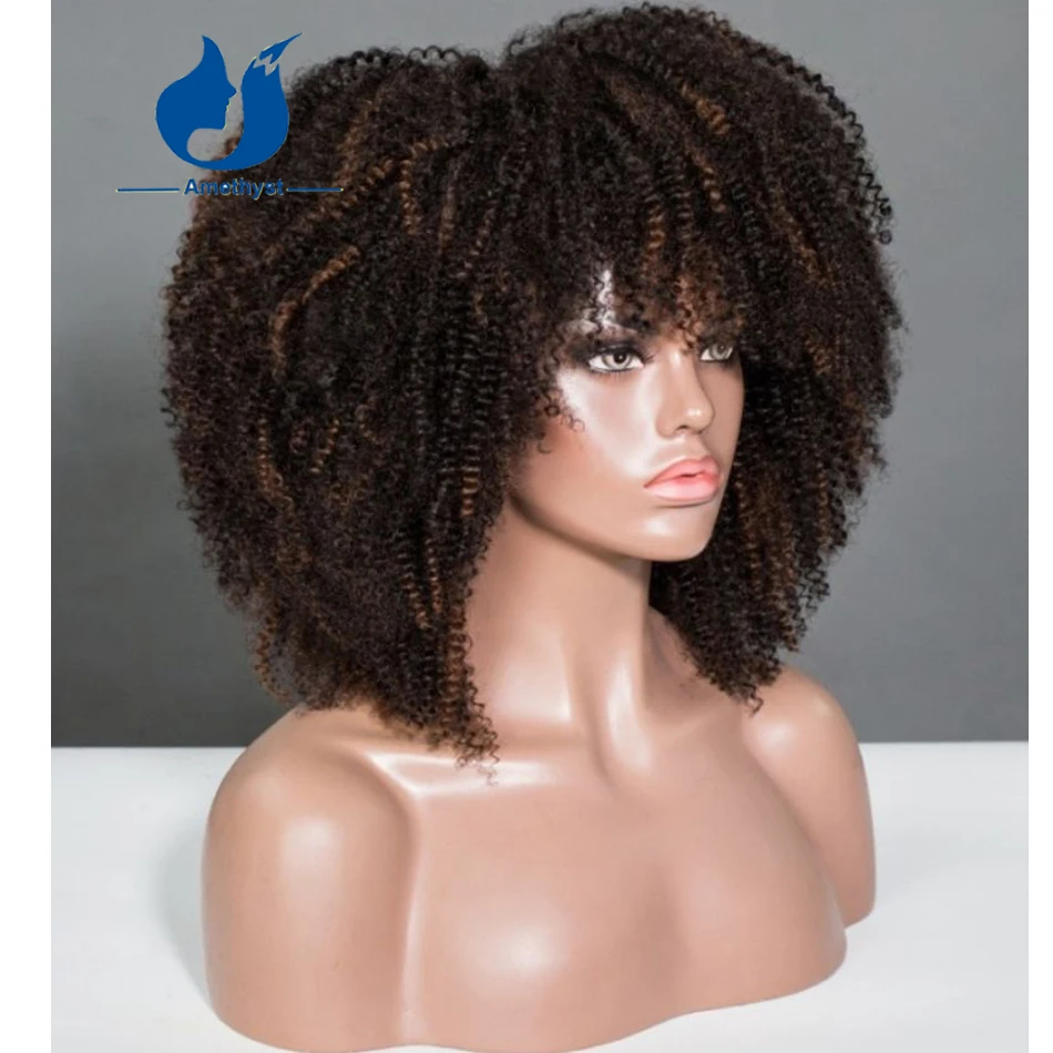 자수정 하이라이트 아프로 킨키 컬리 인간의 머리카락 뱅 가발 두피 탑 전체 기계 제작 가발 브라질 레미 코일리 텍스처 밥