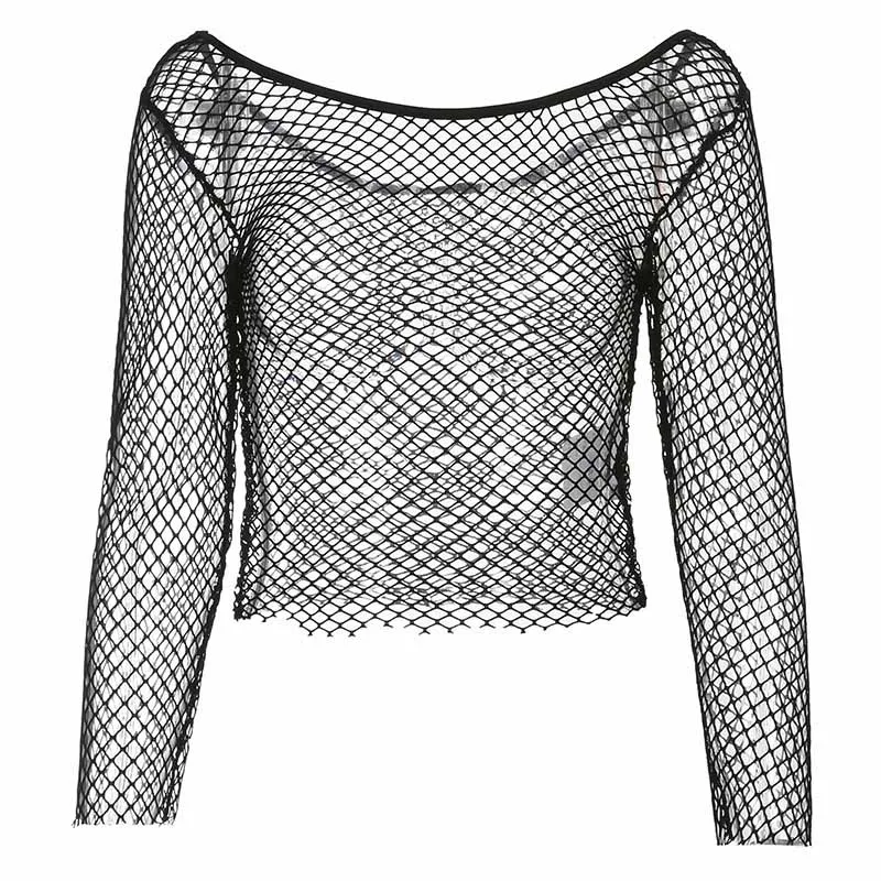 Goth Fishnet Grunge Mall Gothic Women's Sexy T-shirts Punk Black White Transparent Basic Crop Tops Skinny Fashion Clothing Alt 5