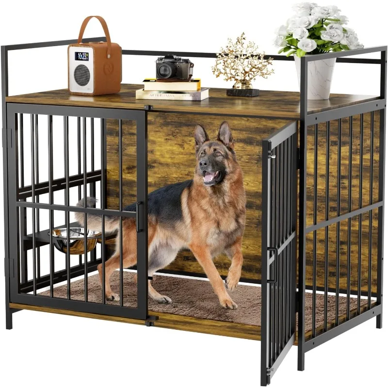 

Dog Crate Furniture-Style Cages for Dogs Indoor Heavy Duty Super Sturdy Dog Kennels with 2 Stainless Steel Bowls and Dog Pad