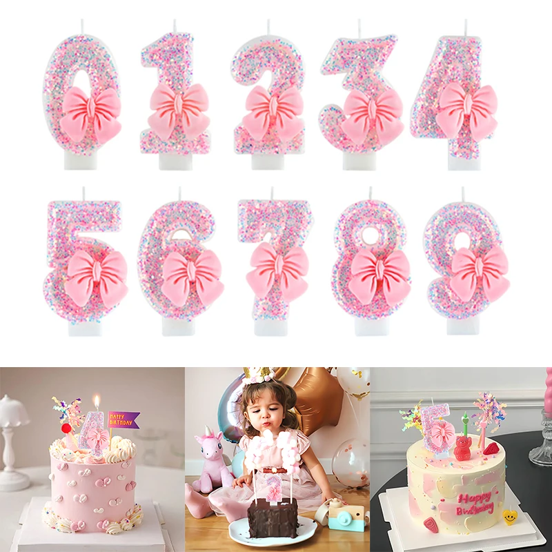 1set Bow 3D Number Cake Decoration 0-9 Number Pink Candle Girl Birthday Party Baby Shower Wedding Party Anniversary Cake Topper