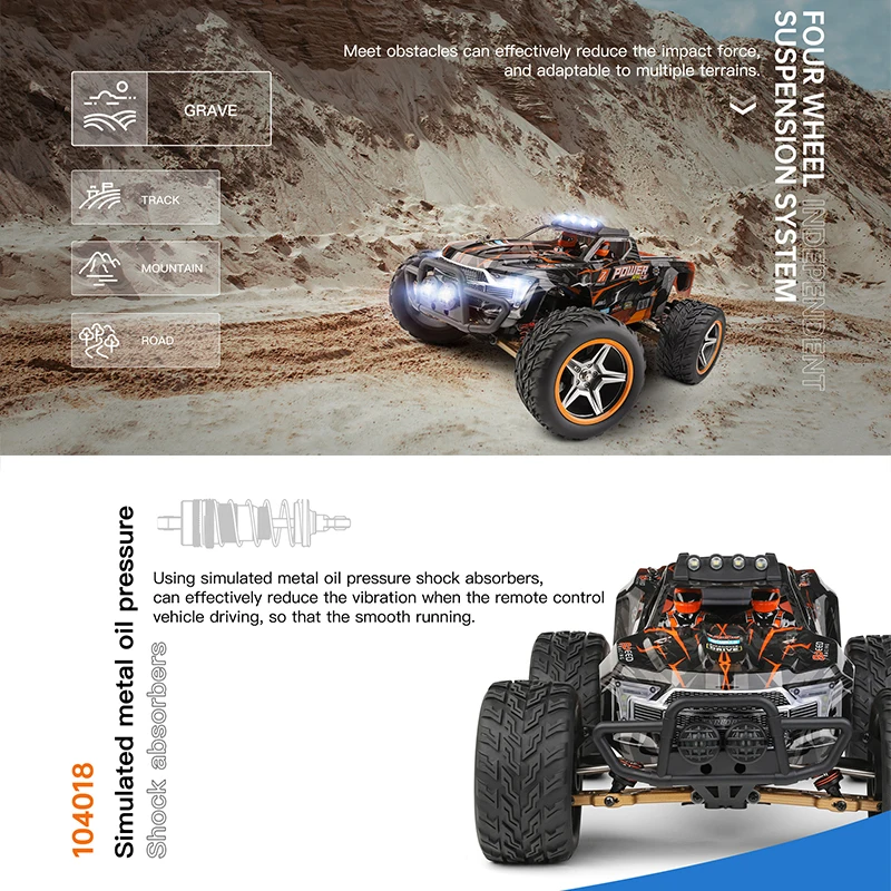 Wltoys 104018 104016 1:10 RC Car 4WD With Led Lights 55KM/H Remote Control Car 3660 Brushless Motor Off-Road Monster Truck 4