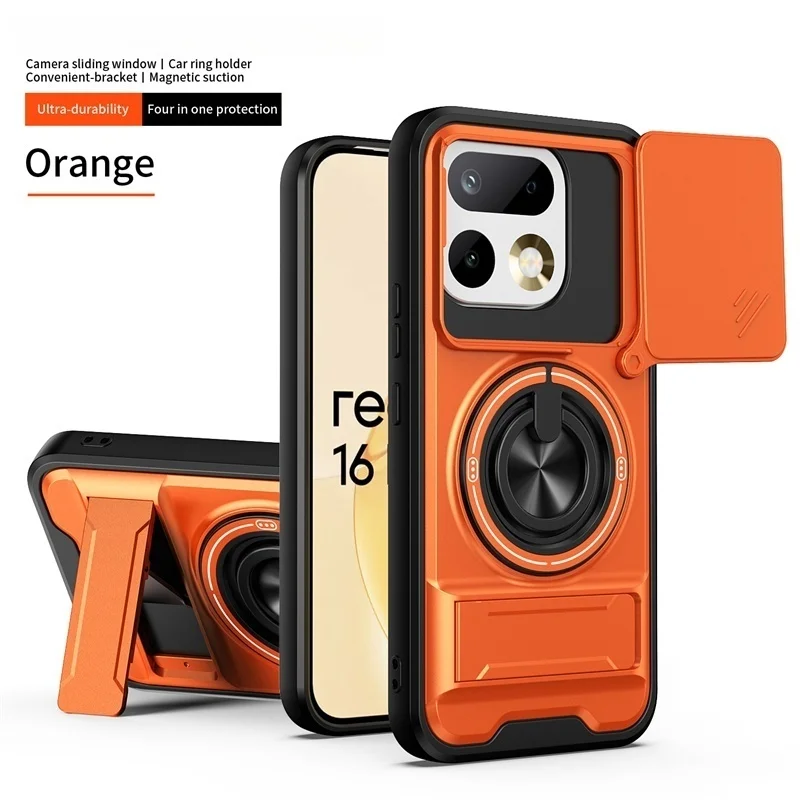 Shockproof Armor Case with Slide Lens Protector and Magnetic Ring Stand